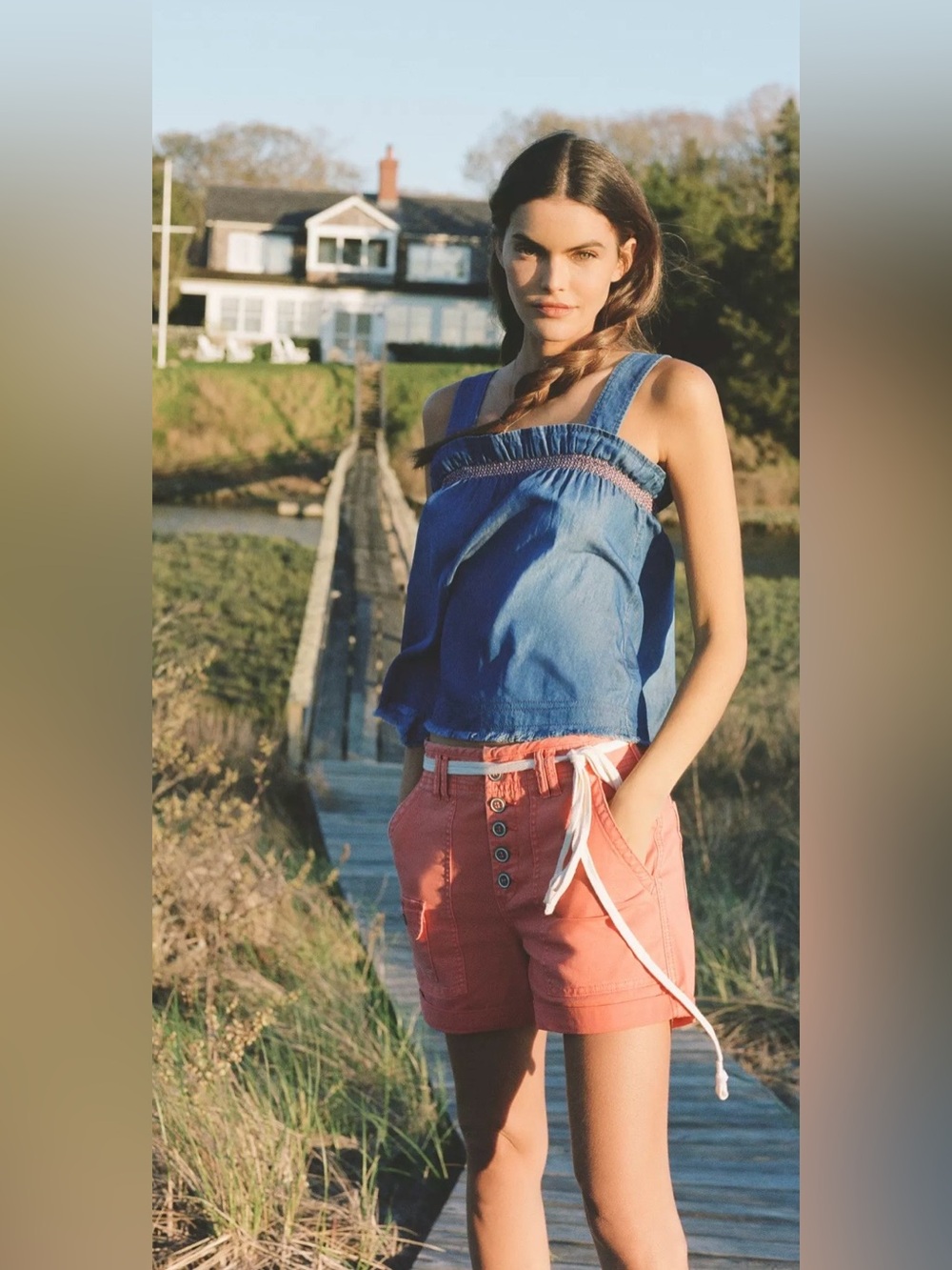 Pilcro | Chambray Smocked Square-Neck Tank - Picture 4 of 10